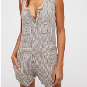 Freepeople Blue and White Seersucker Romper with Pockets & Zip Front